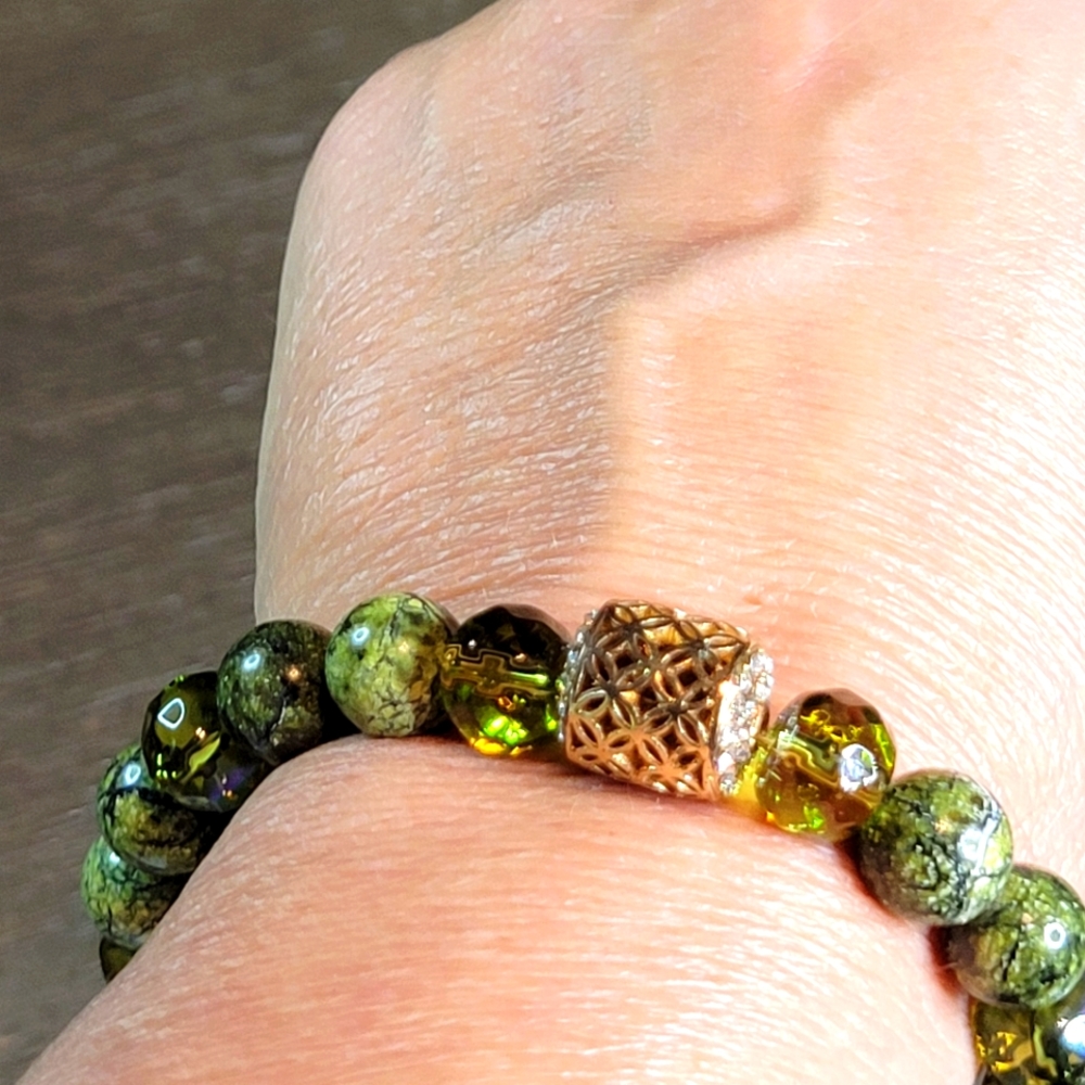 Handmade Green Jasper Gemstone Beaded Bracelet 8" Long Costume Jewelry